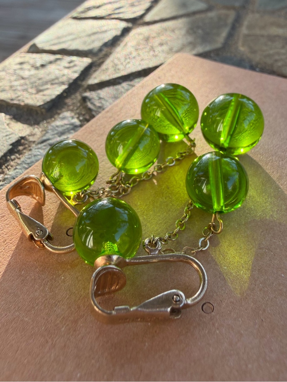 Rare Mystical Green Glass Drop Earrings | Signed Richelieu